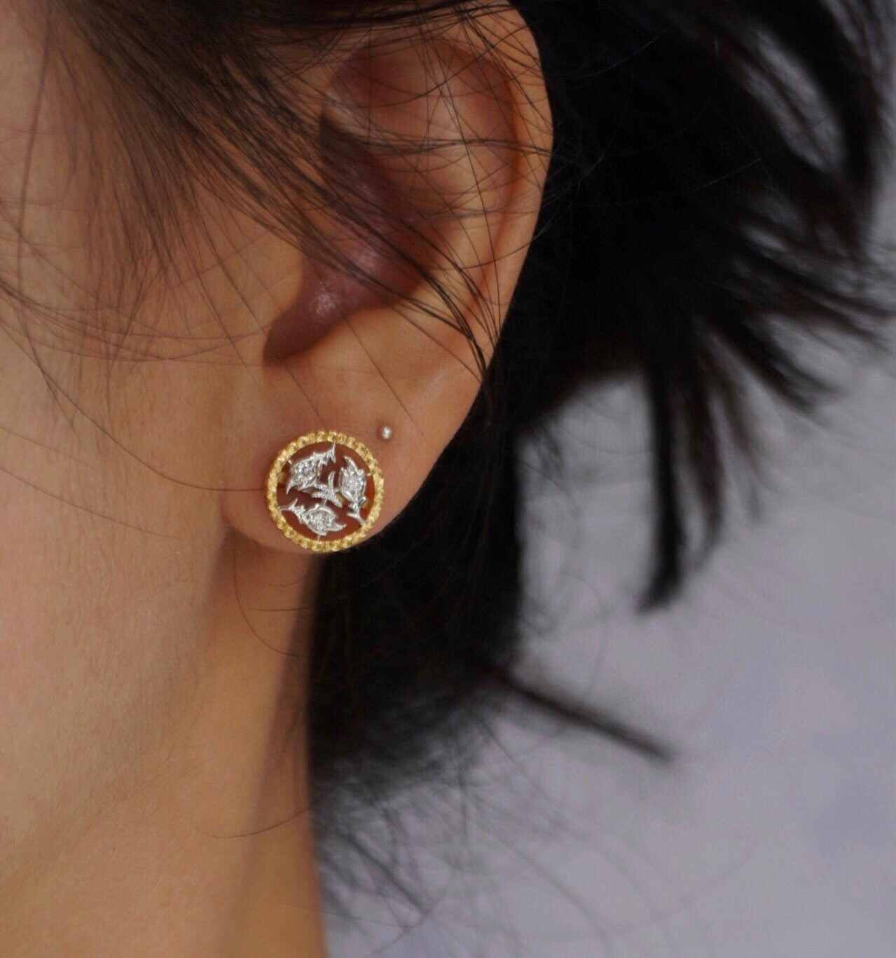 👼【】布契拉提 Buccellati 意大利高级珠宝品牌 复古宫廷风带钻拉丝花环耳钉 亚金材质 18k厚
