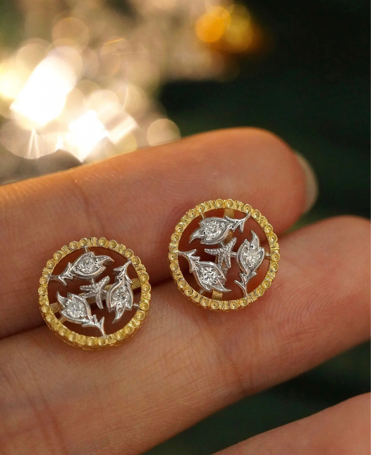 👼【】布契拉提 Buccellati 意大利高级珠宝品牌 复古宫廷风带钻拉丝花环耳钉 亚金材质 18k厚