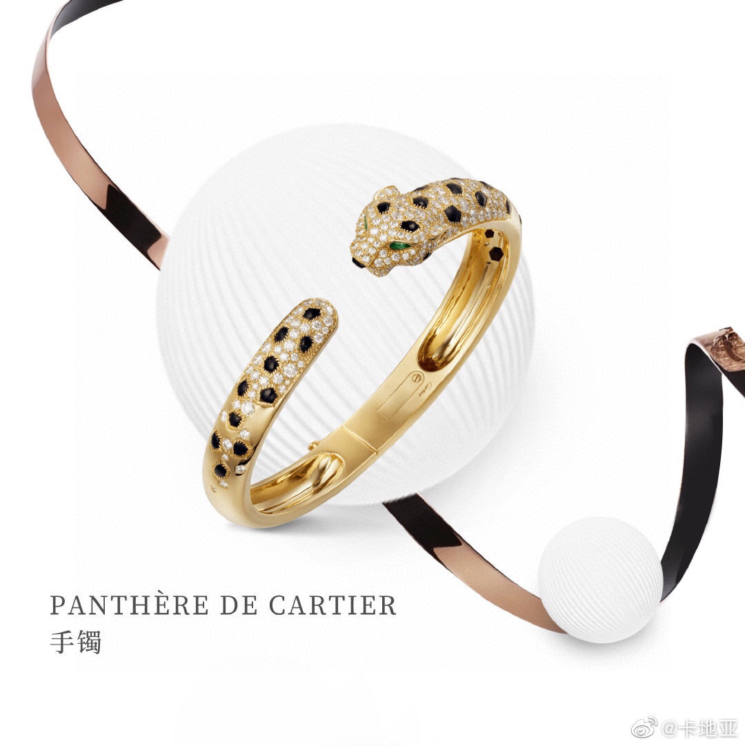  新款手镯👼霸气花斑黑豹镶钻手镯。Panthère de Cartier豹子手镯，电镀18K金！圆形明亮
