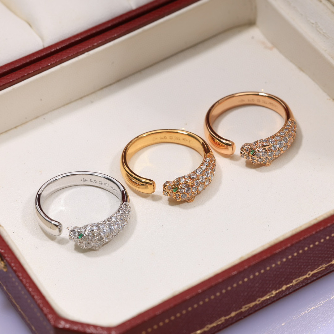  豹子戒指👼霸气豹戒指💍Panthère de Cartier豹子开口戒指💍电镀18K金！圆形明亮式切割