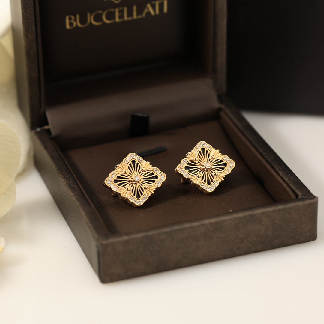 大号👼【】布契拉提 Buccellati 意大利高级珠宝品牌 复古宫廷风带钻拉丝四叶草贝壳玛瑙玉髓耳钉 