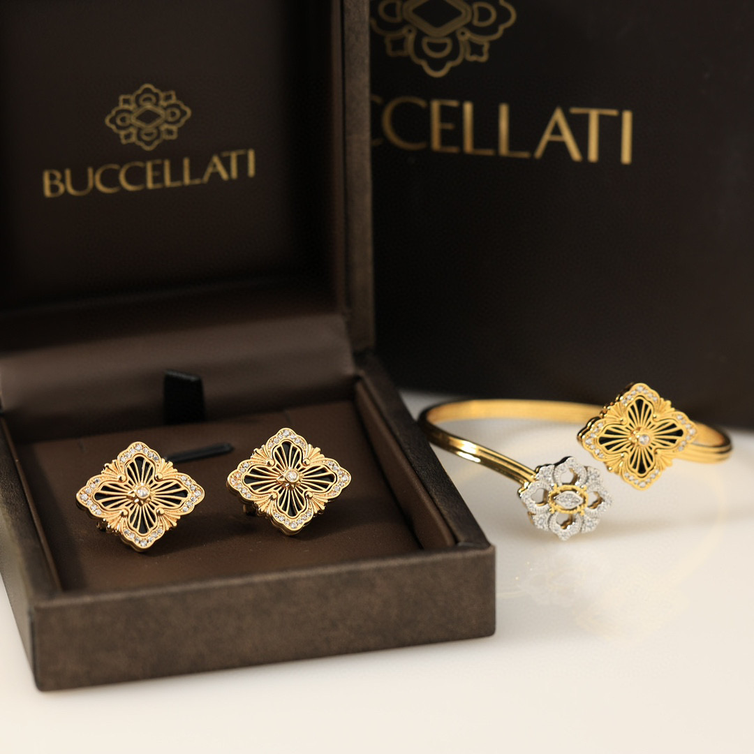 大号👼【】布契拉提 Buccellati 意大利高级珠宝品牌 复古宫廷风带钻拉丝四叶草贝壳玛瑙玉髓耳钉 
