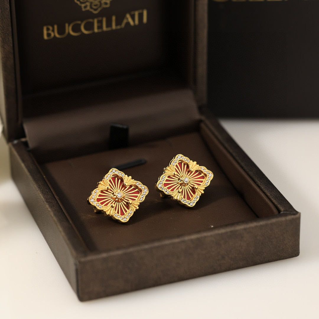 大号👼【】布契拉提 Buccellati 意大利高级珠宝品牌 复古宫廷风带钻拉丝四叶草贝壳玛瑙玉髓耳钉 
