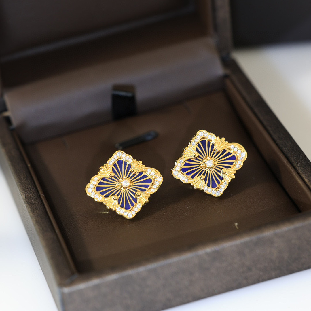 大号👼【】布契拉提 Buccellati 意大利高级珠宝品牌 复古宫廷风带钻拉丝四叶草贝壳玛瑙玉髓耳钉 