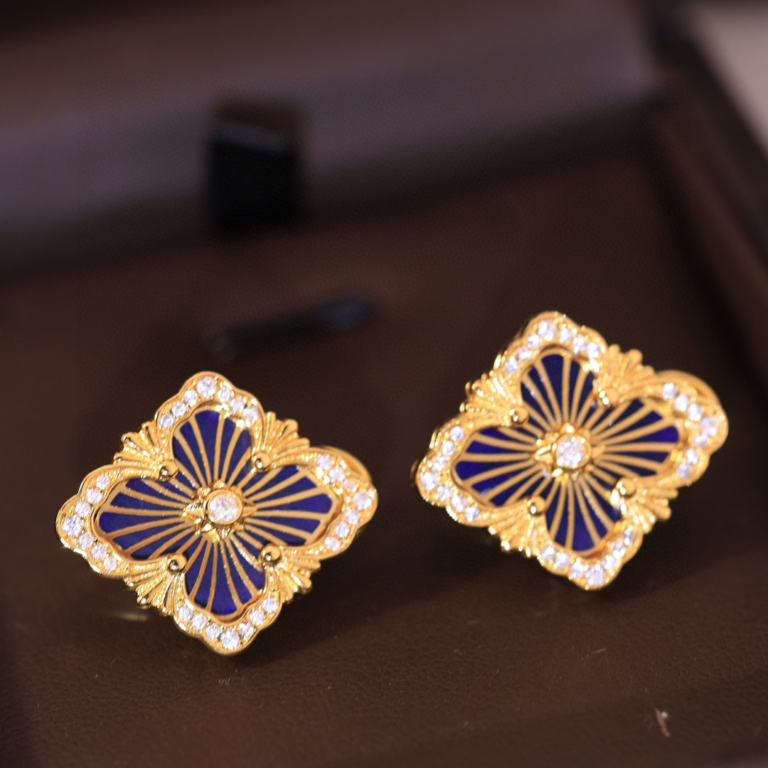 大号👼【】布契拉提 Buccellati 意大利高级珠宝品牌 复古宫廷风带钻拉丝四叶草贝壳玛瑙玉髓耳钉 