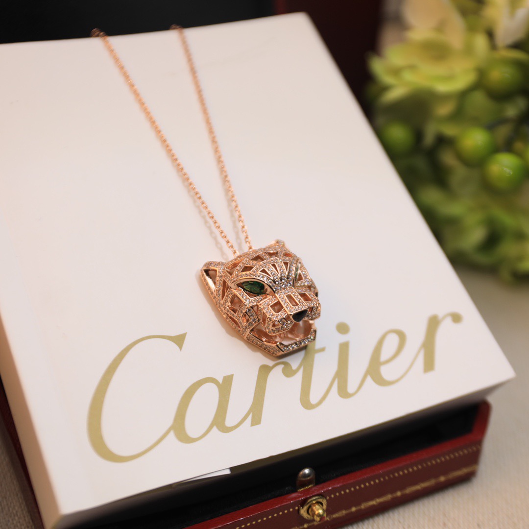 Cartier 精工版本 Cartier 卡地亚奢华豹头镂空满钻项链
