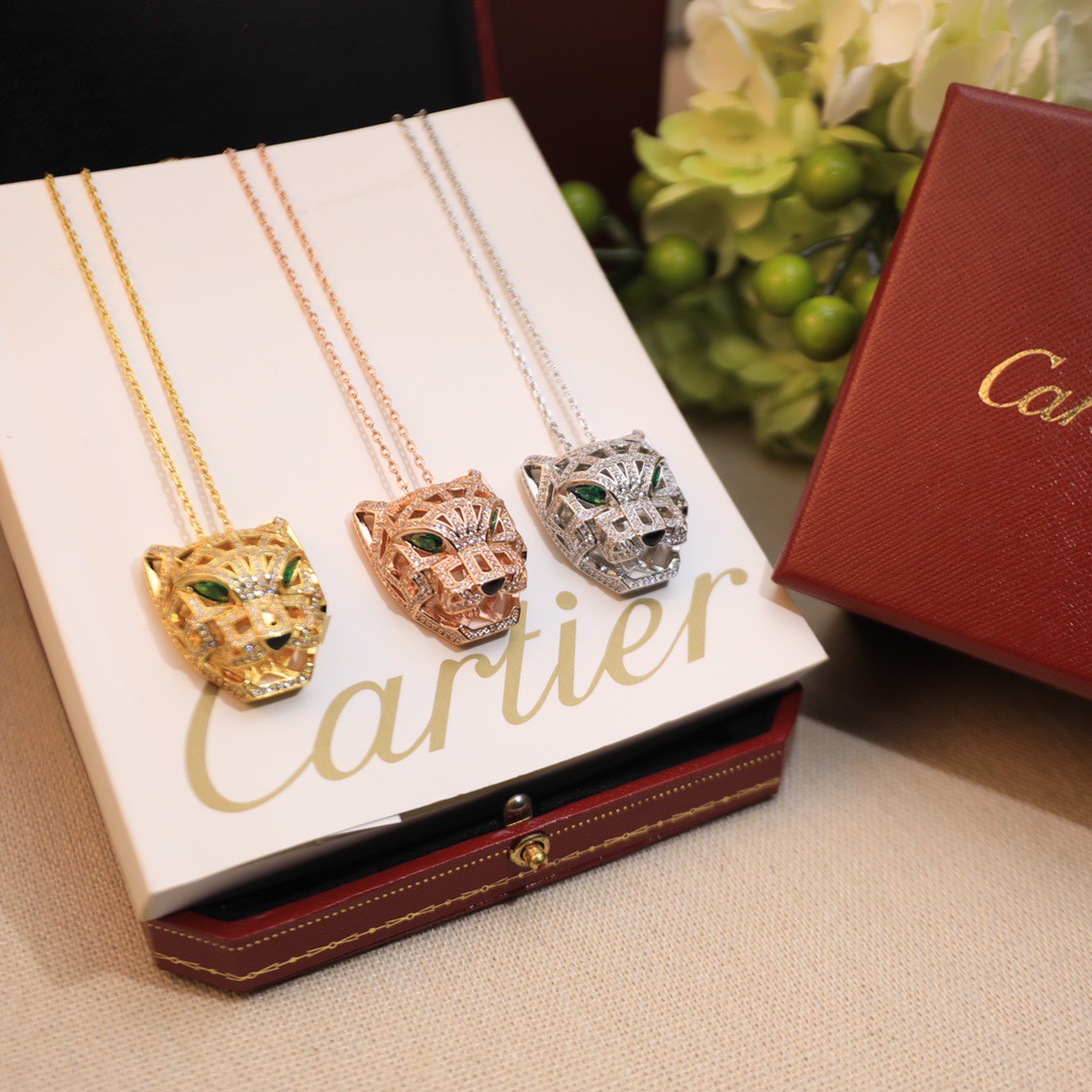 Cartier 精工版本 Cartier 卡地亚奢华豹头镂空满钻项链