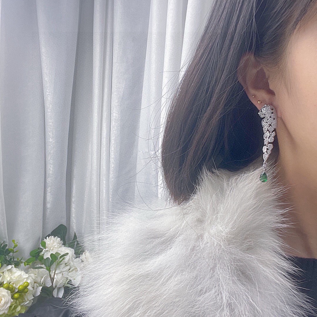 Cartier 奢华 卡地亚 流苏长款豹子烤漆镶钻耳环