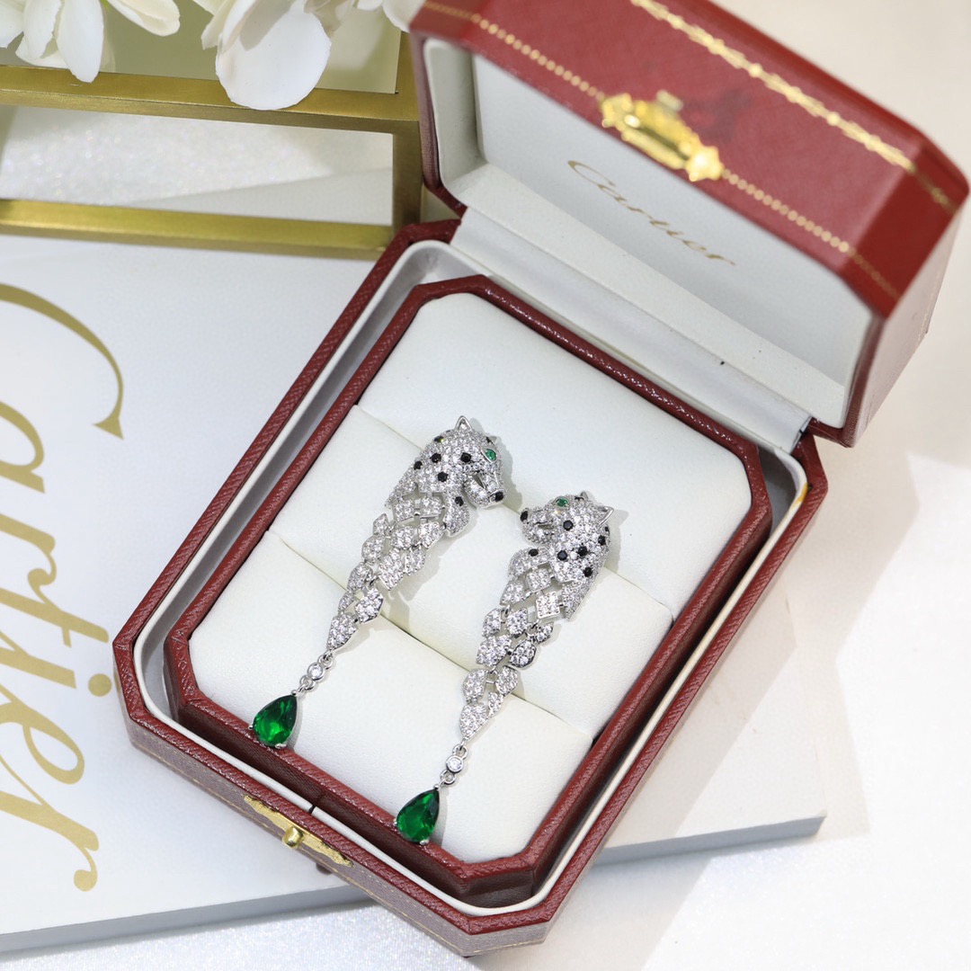 Cartier 奢华 卡地亚 流苏长款豹子烤漆镶钻耳环