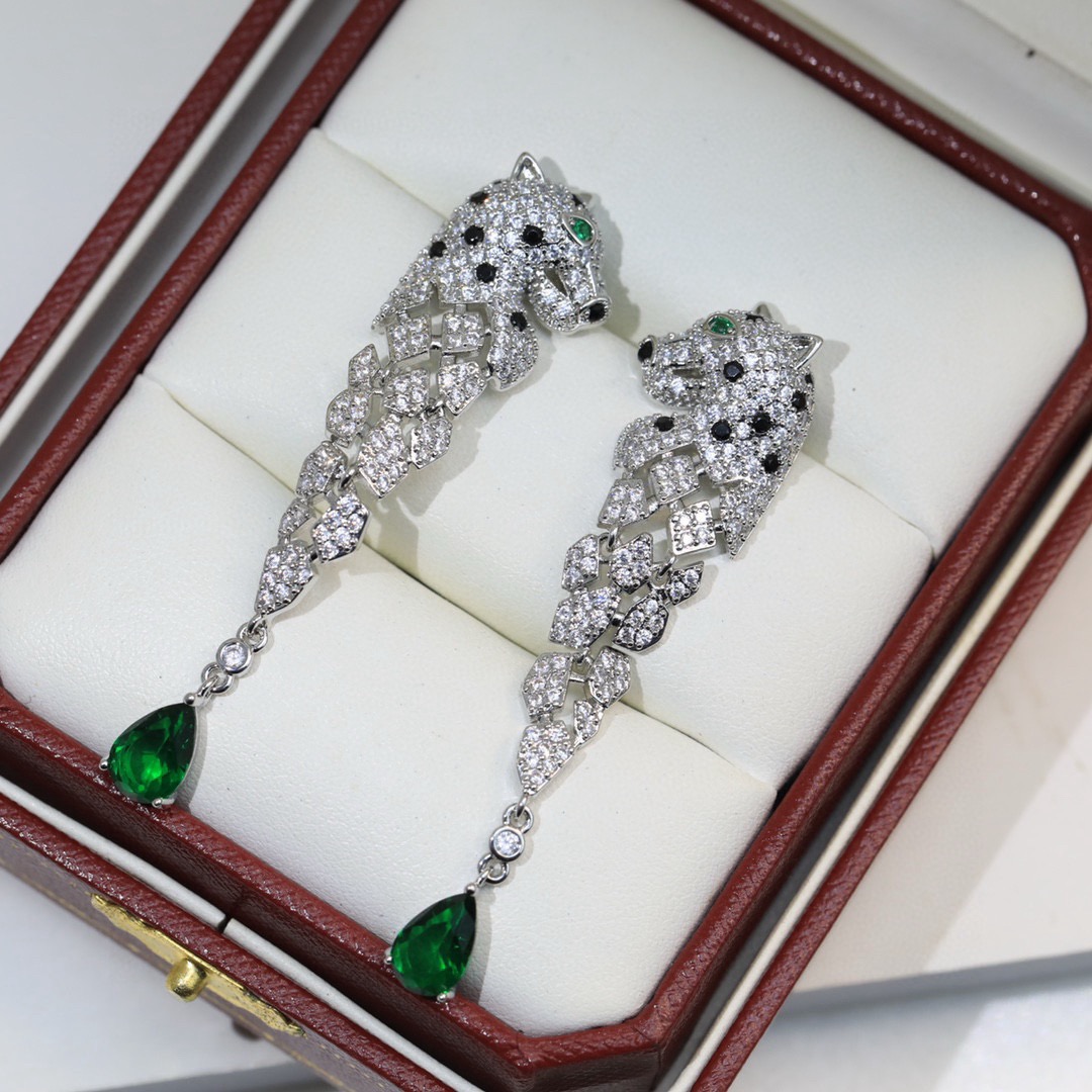 Cartier 奢华 卡地亚 流苏长款豹子烤漆镶钻耳环