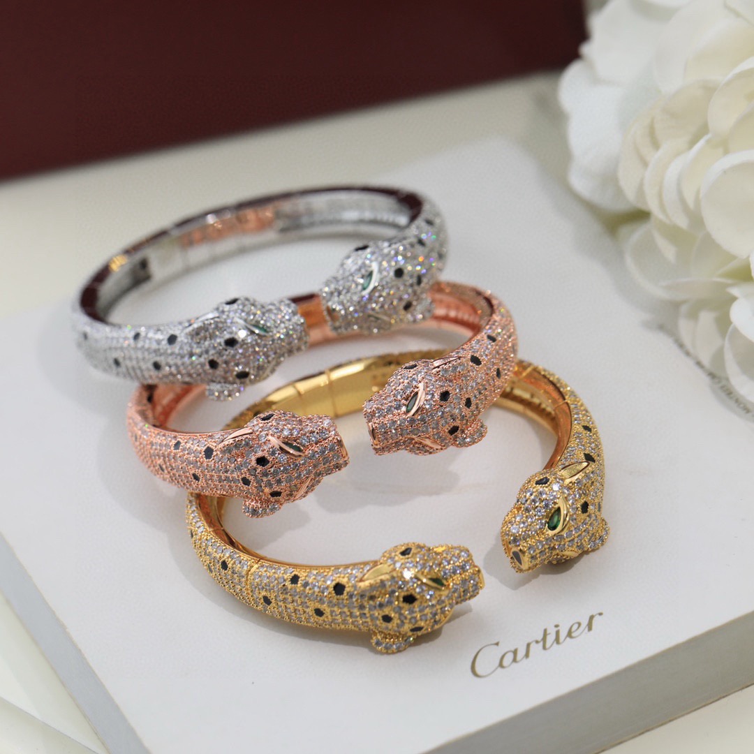 Cartier 霸气豹头满钻 手镯 Panthère de Cartier豹子手镯 18K黄金 圆形明亮式切割钻石