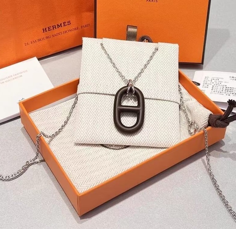 Hermes Farandole necklace silver metal with matte brown pendant 45cm