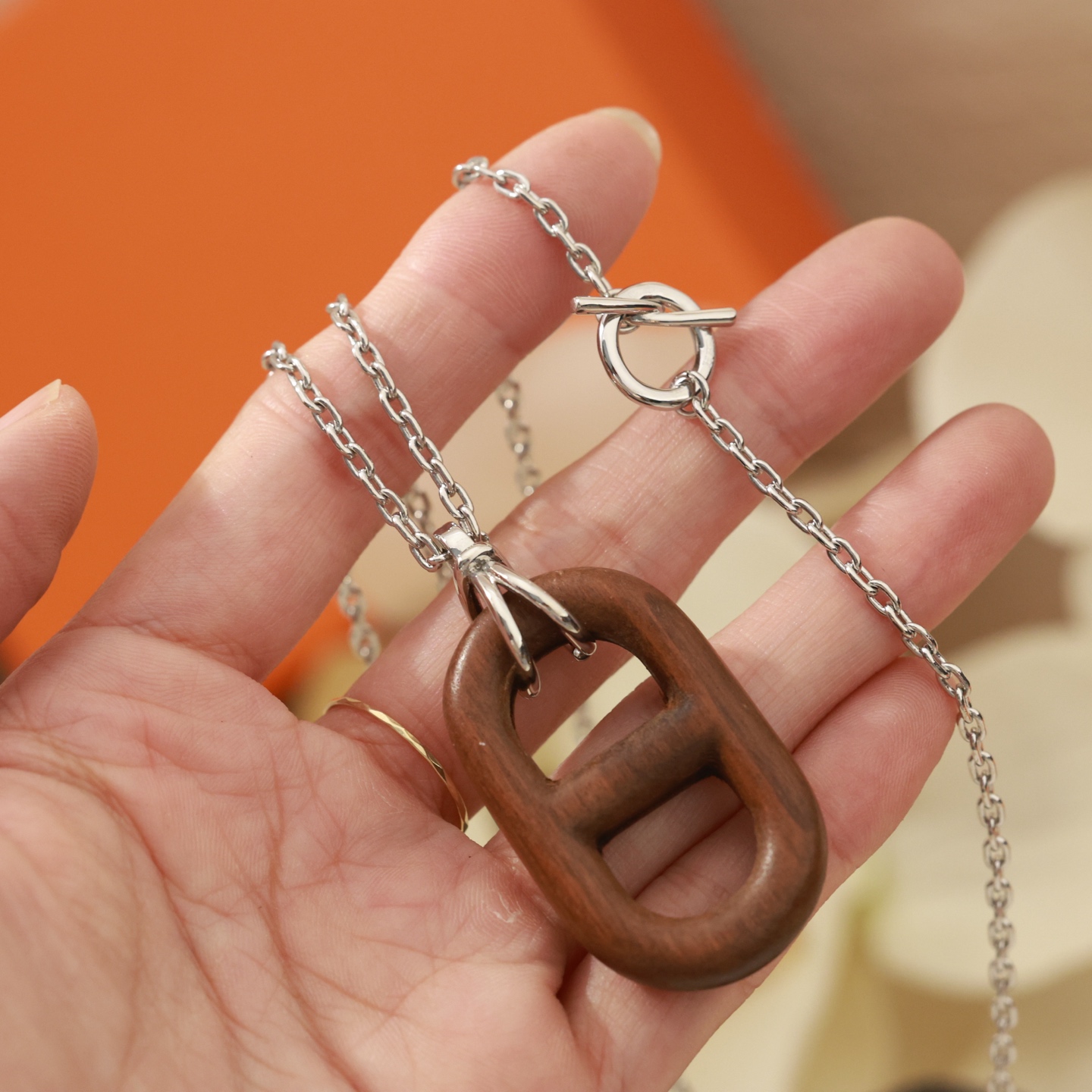 Hermes Farandole necklace silver metal with matte brown pendant 45cm