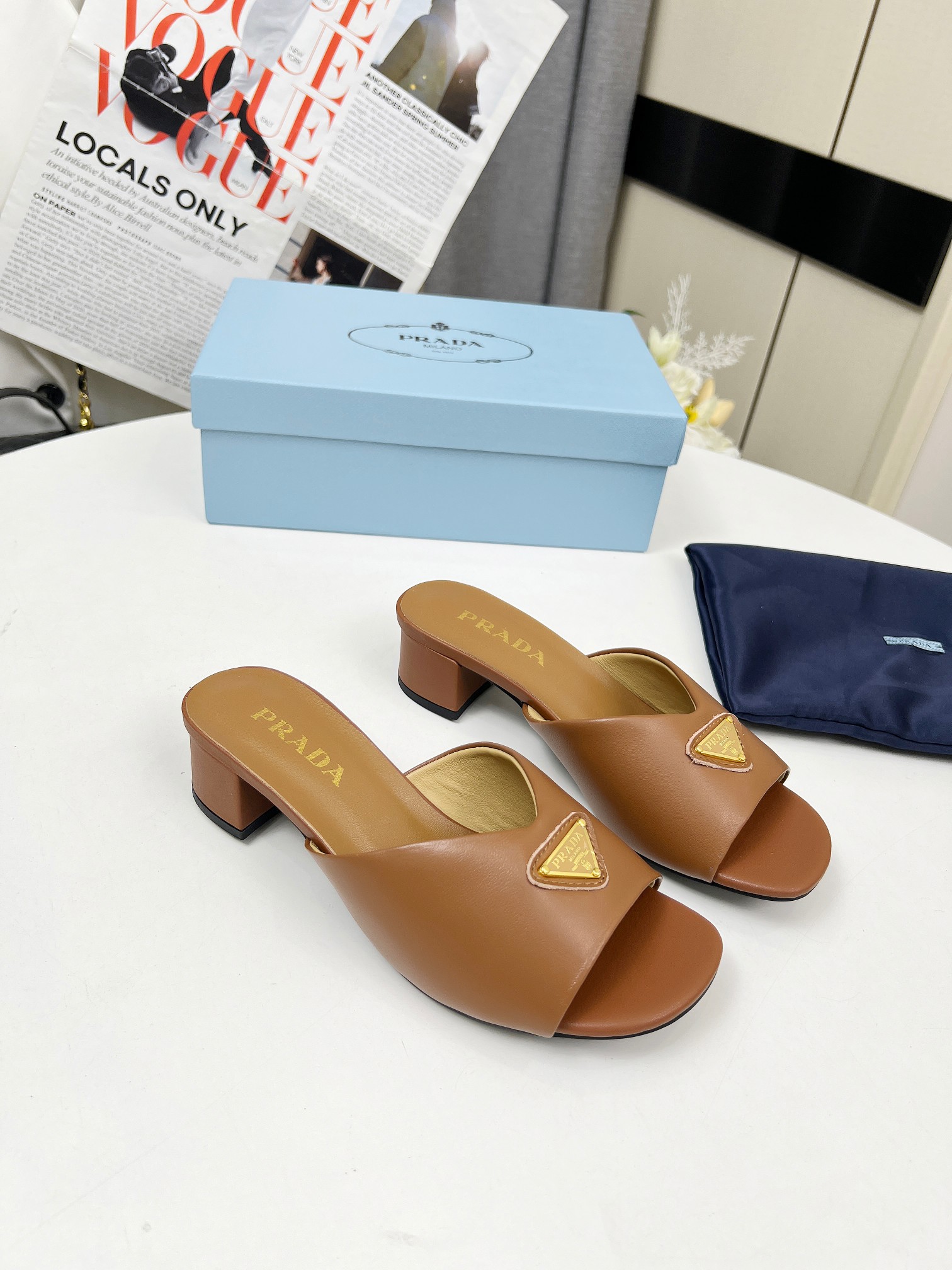 Prada Women's Leather Mule Sandal with Block Heel and Iconic Logo Detail 1 Prada Women's Leather Mule Sandal with Block Heel and Iconic Logo Detail
