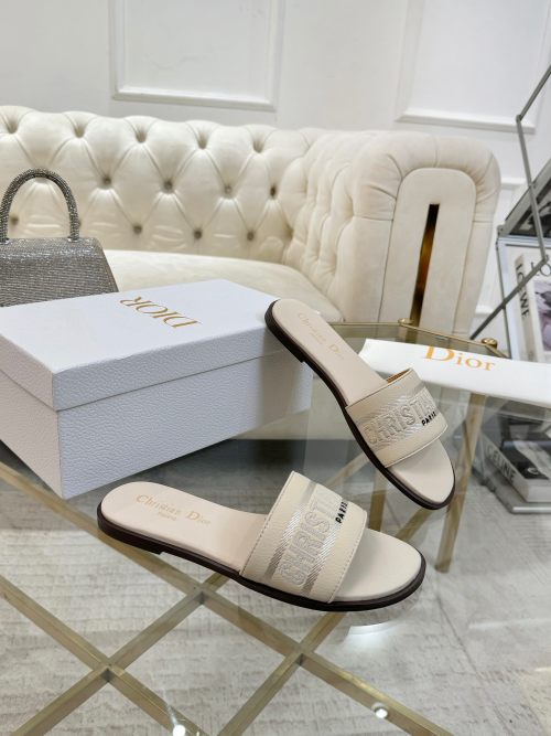 Dior D-Club Embroidered Logo Slides Sandals in Off-White Leather 1 Dior D-Club Embroidered Logo Slides Sandals in Off-White Leather