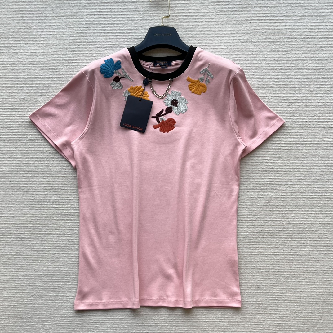 Louis Vuitton Kleding T-Shirt Roze Wit Borduurwerk Katoen Herfstcollectie Casual