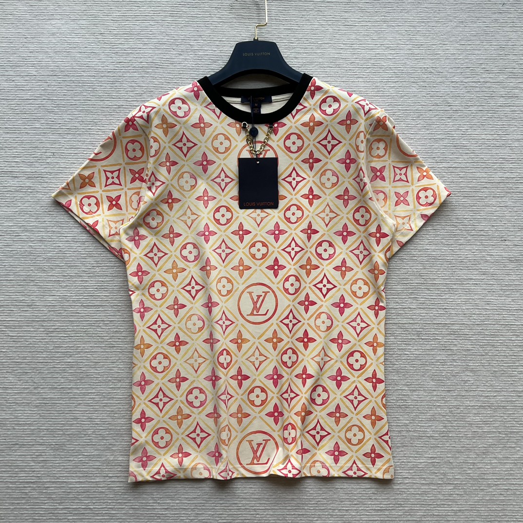 Louis Vuitton Kleding T-Shirt Blauw Afdrukken Katoen Lente/Zomercollectie Kettingen