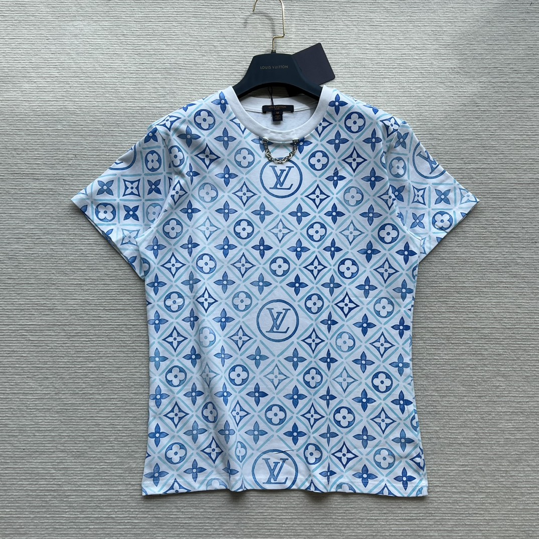 Louis Vuitton 7 sterren
 Kleding T-Shirt Blauw Afdrukken Katoen Lente/Zomercollectie Kettingen