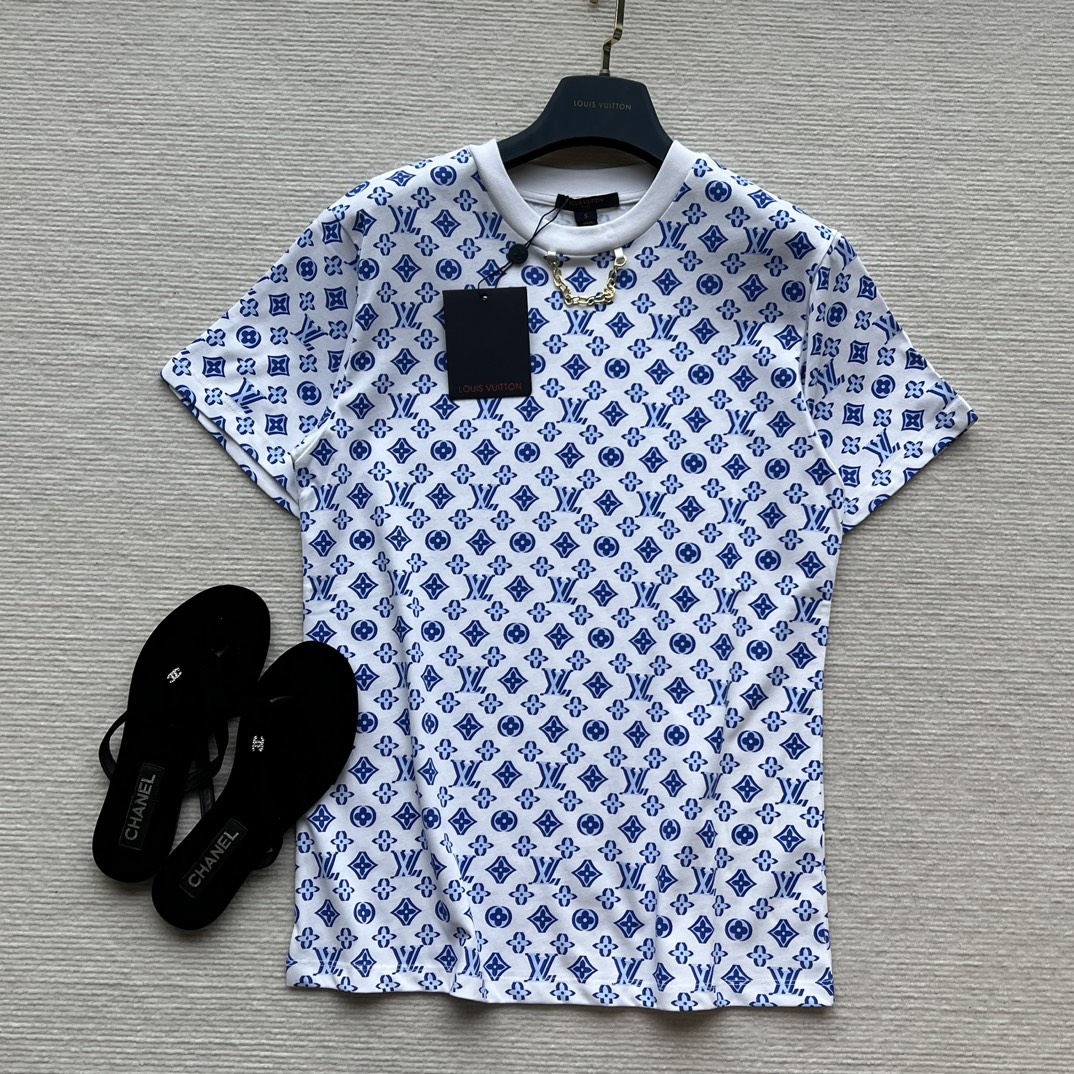 HOPE KWALITEIT HAPPY COPY
 Louis Vuitton Kleding T-Shirt 2024 Luxe replica’s
 Blauw Wit Afdrukken Katoen Lente/Zomercollectie Kettingen