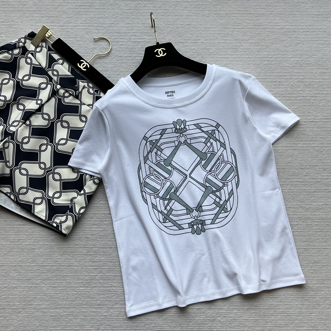 Hermes Roupa Camiseta Preto Branco Impressão Algodão Colecção Primavera/Verão