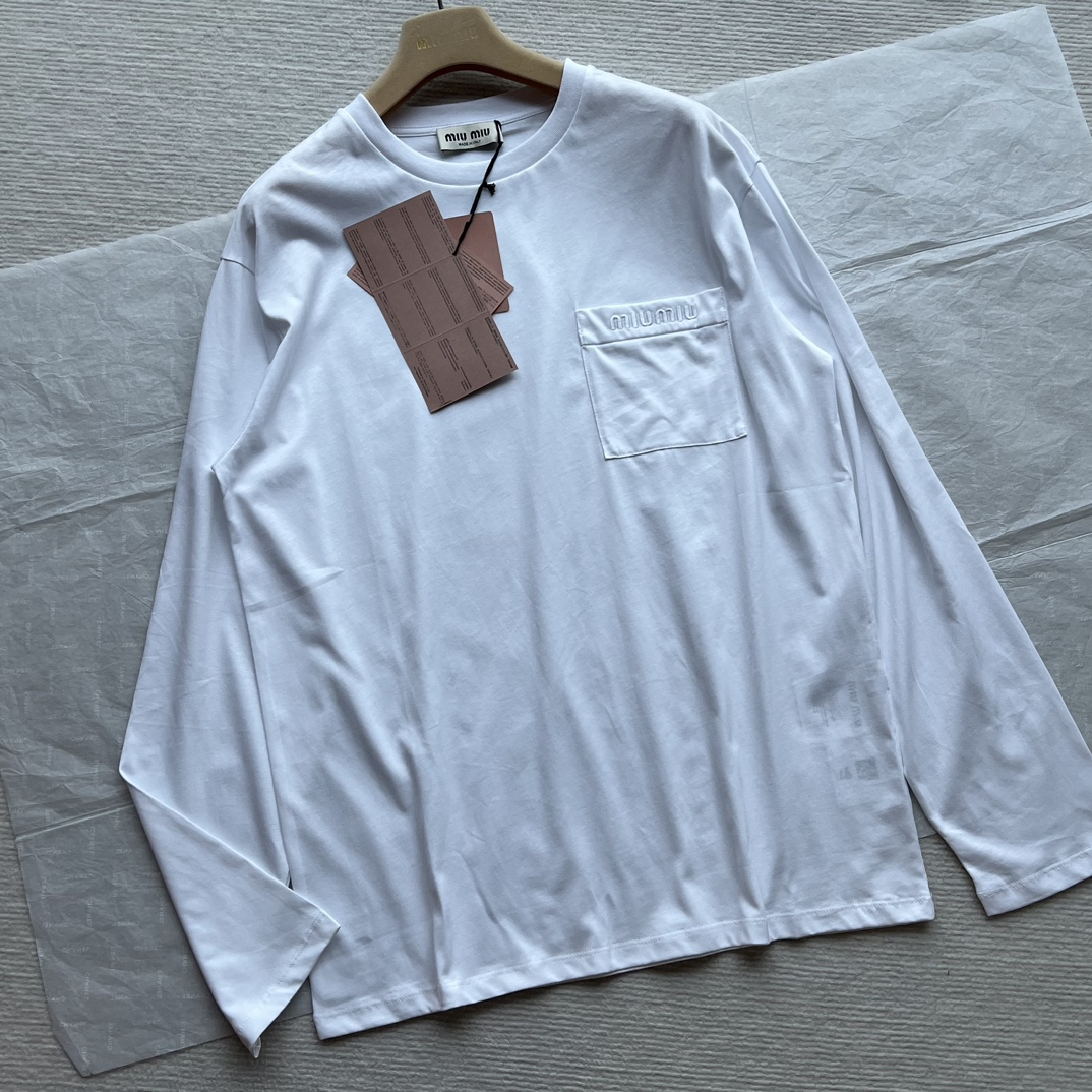 En venta en línea
 MiuMiu Ropa Camiseta Azul Blanco Bordado Universal para hombres y mujeres Colección otoño – invierno Manga larga