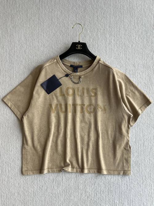 Louis Vuitton Women's Beige Washed Logo Tee with Decorative Chain Detail 1 Louis Vuitton Women's Beige Washed Logo Tee with Decorative Chain Detail