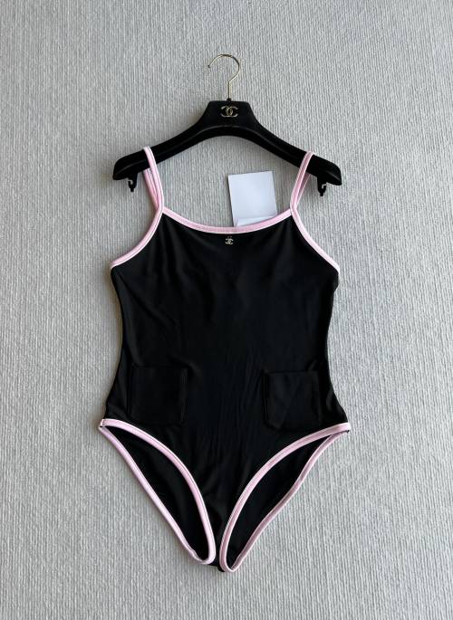 Chanel Coco Beach 25SS Black Swimsuit with Pink Trim and Pockets 1 Chanel Coco Beach 25SS Black Swimsuit with Pink Trim and Pockets