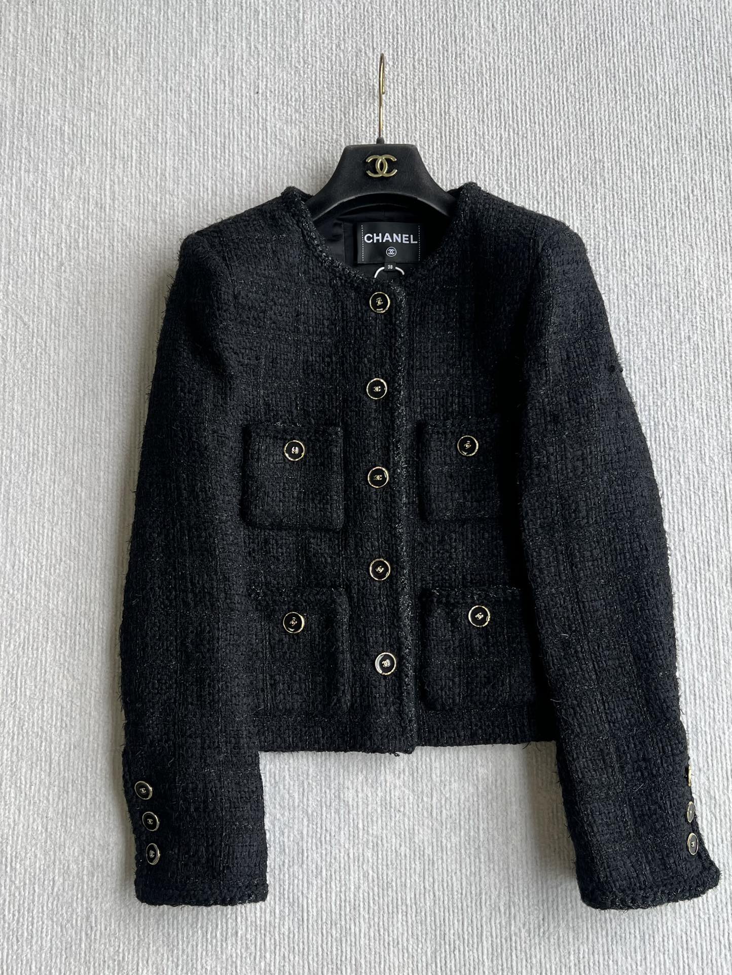 Chanel Black Tweed Jacket - Classic Round Neck, Button-Down Wool Blend
