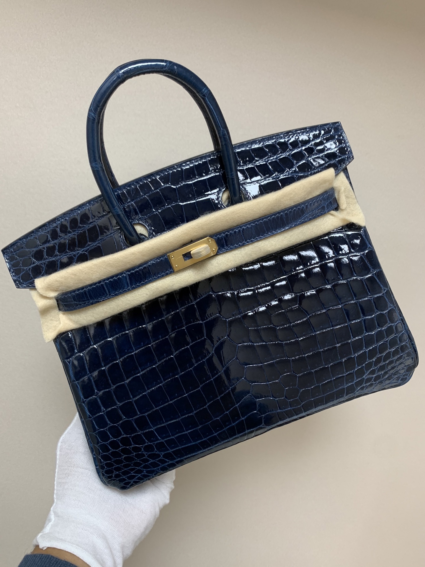 Bk25 Nilo alto brillo azul vaquero, 3 pieles a juego hechas a mano, hebillas doradas y plateadas completas