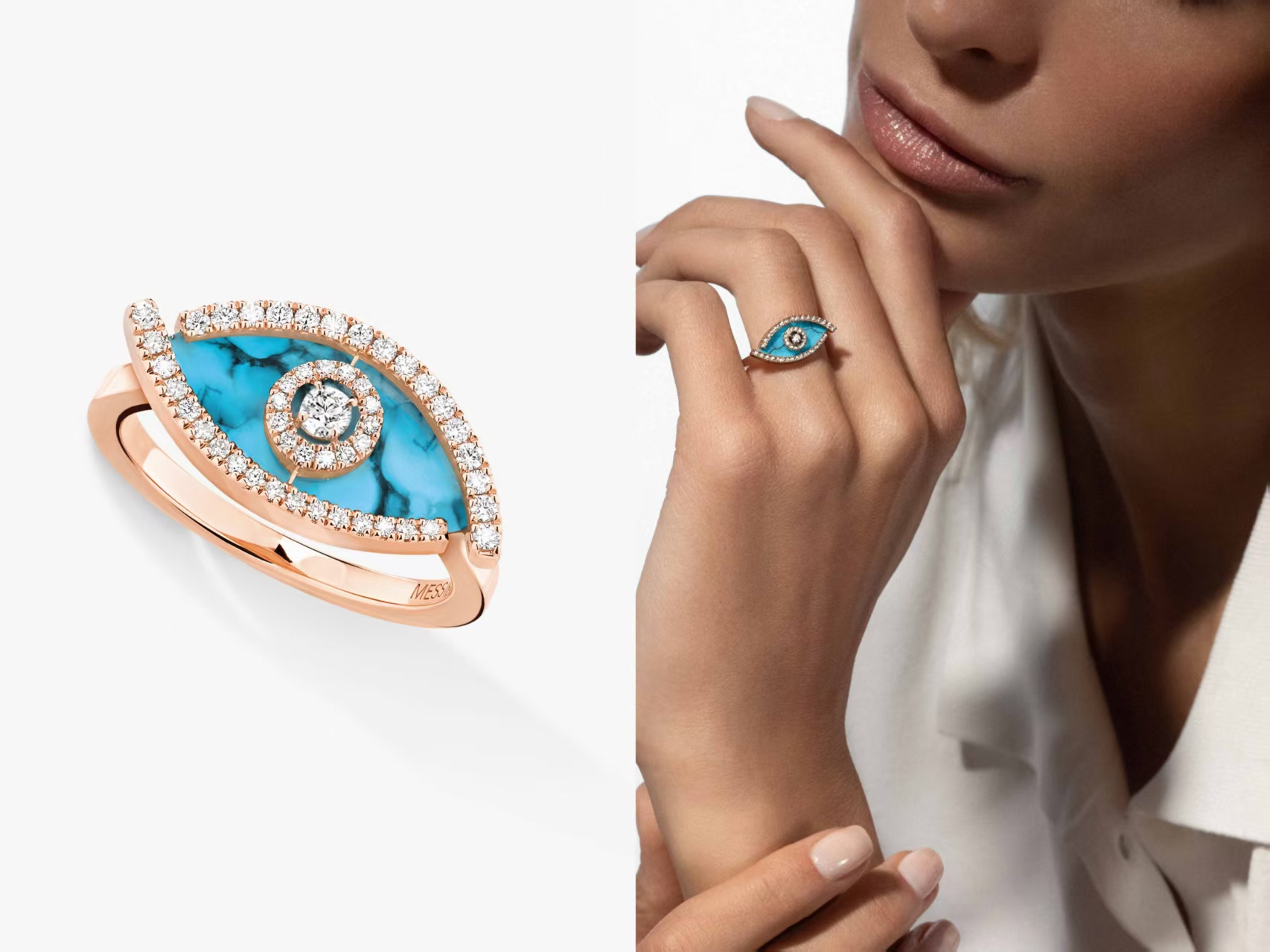 Messika Lucky Eye ring Yellow gold rose gold white gold with malachite turquoise and clear diamonds 6 7 8