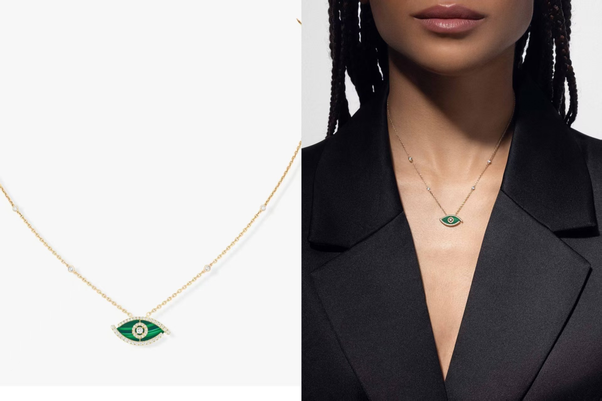 Messika Lucky Eye Evil Eye Pendant Necklace necklace Available in 18k rose gold 18k white gold 18k yellow gold set with malachite or turquoise accented with pave diamonds and a central diamond 42cm with 5cm extender