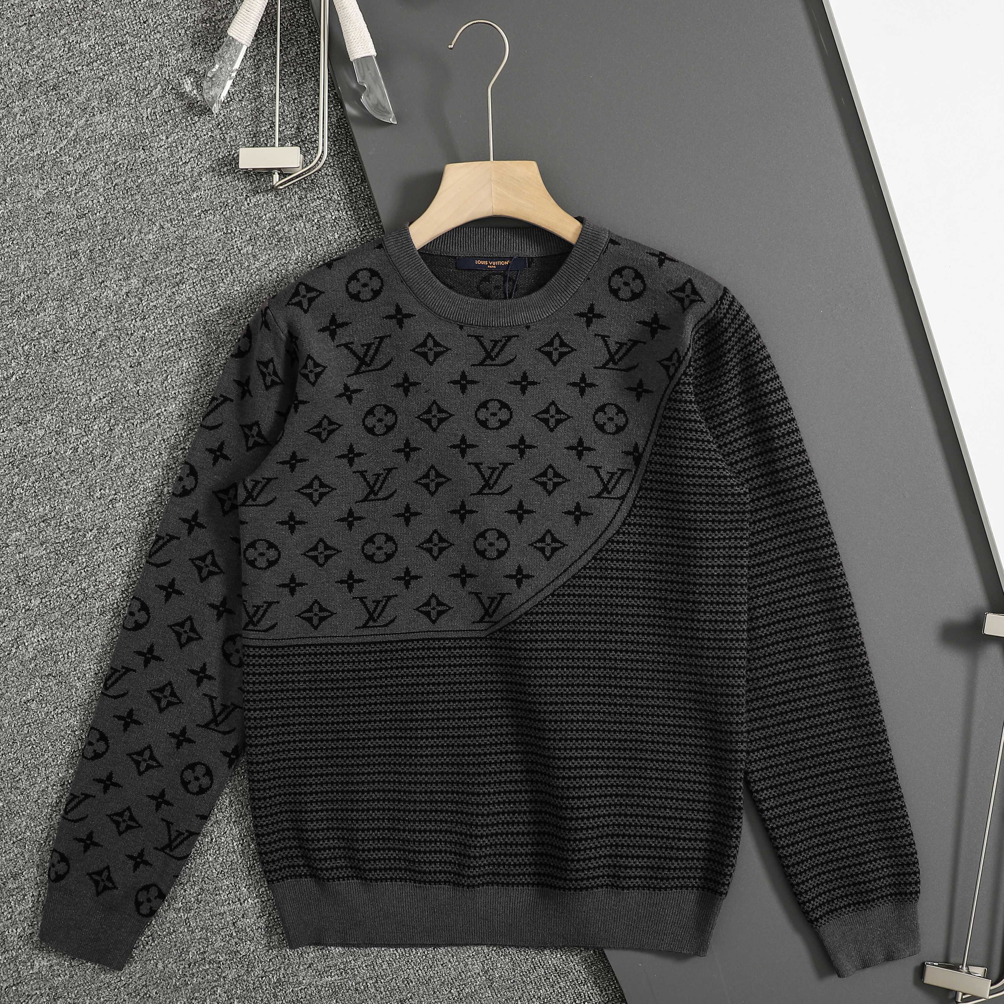 Louis Vuitton Men's Monogram Jacquard Crewneck Wool Sweater, Black/Gray