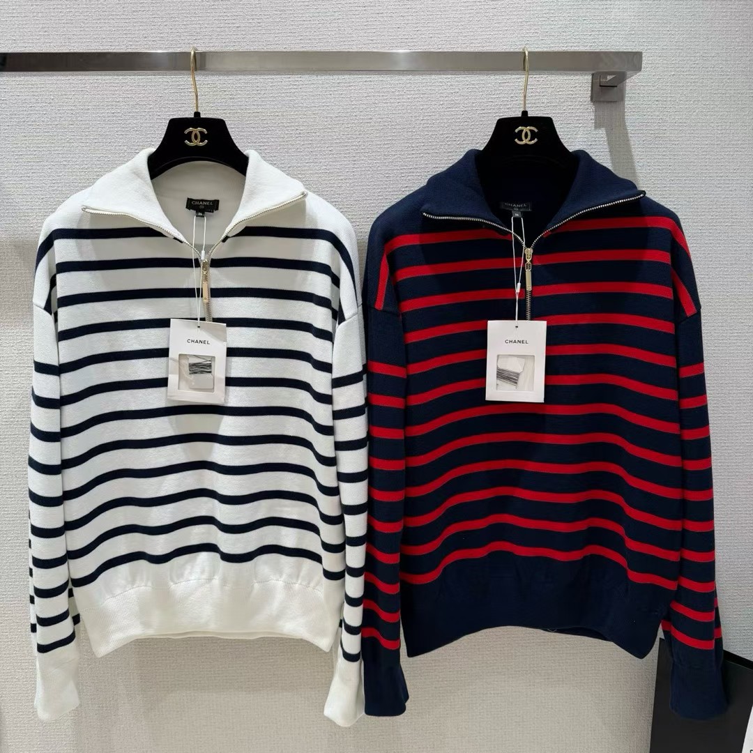 Chanel Striped Half Zip Sweater