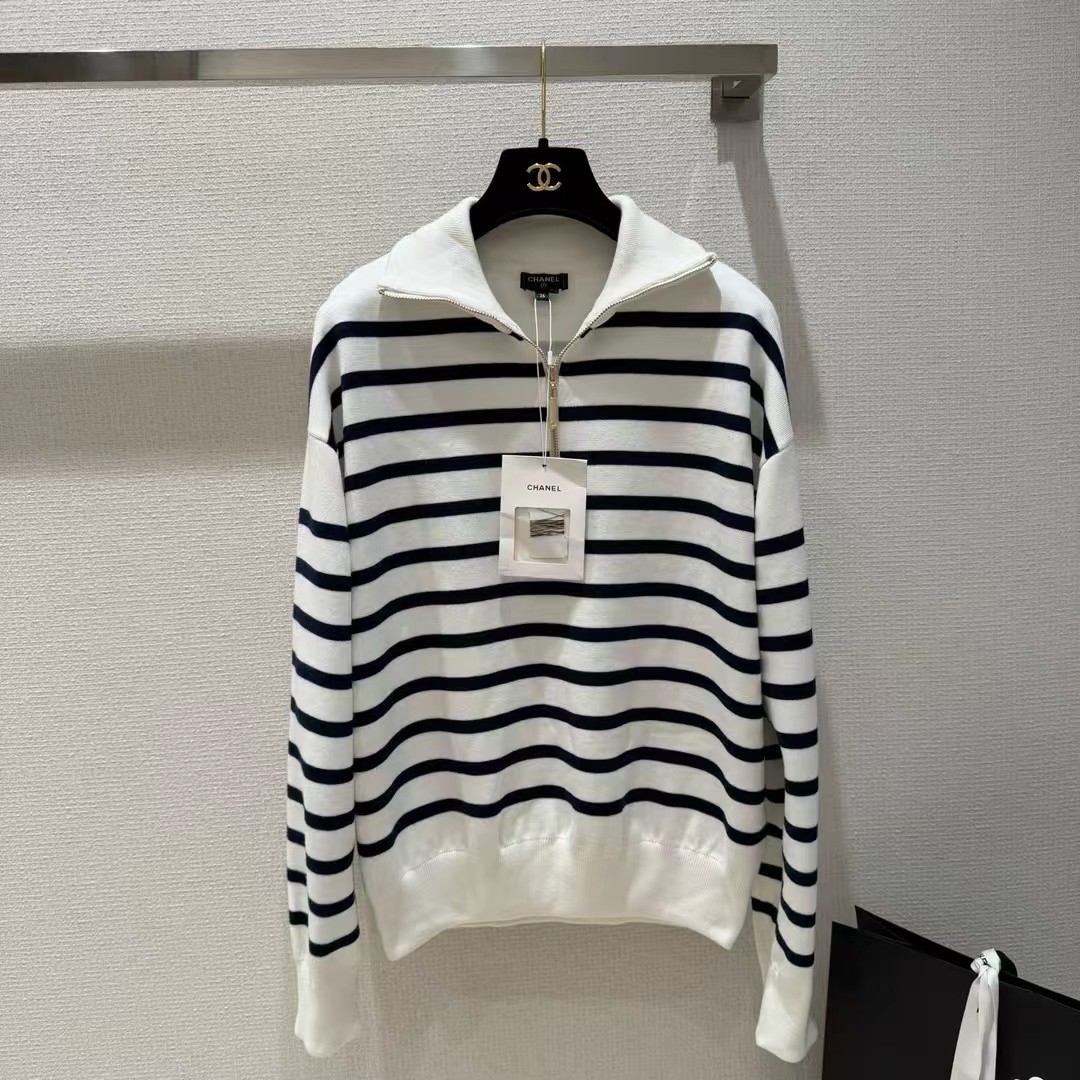 Chanel Striped Half Zip Sweater