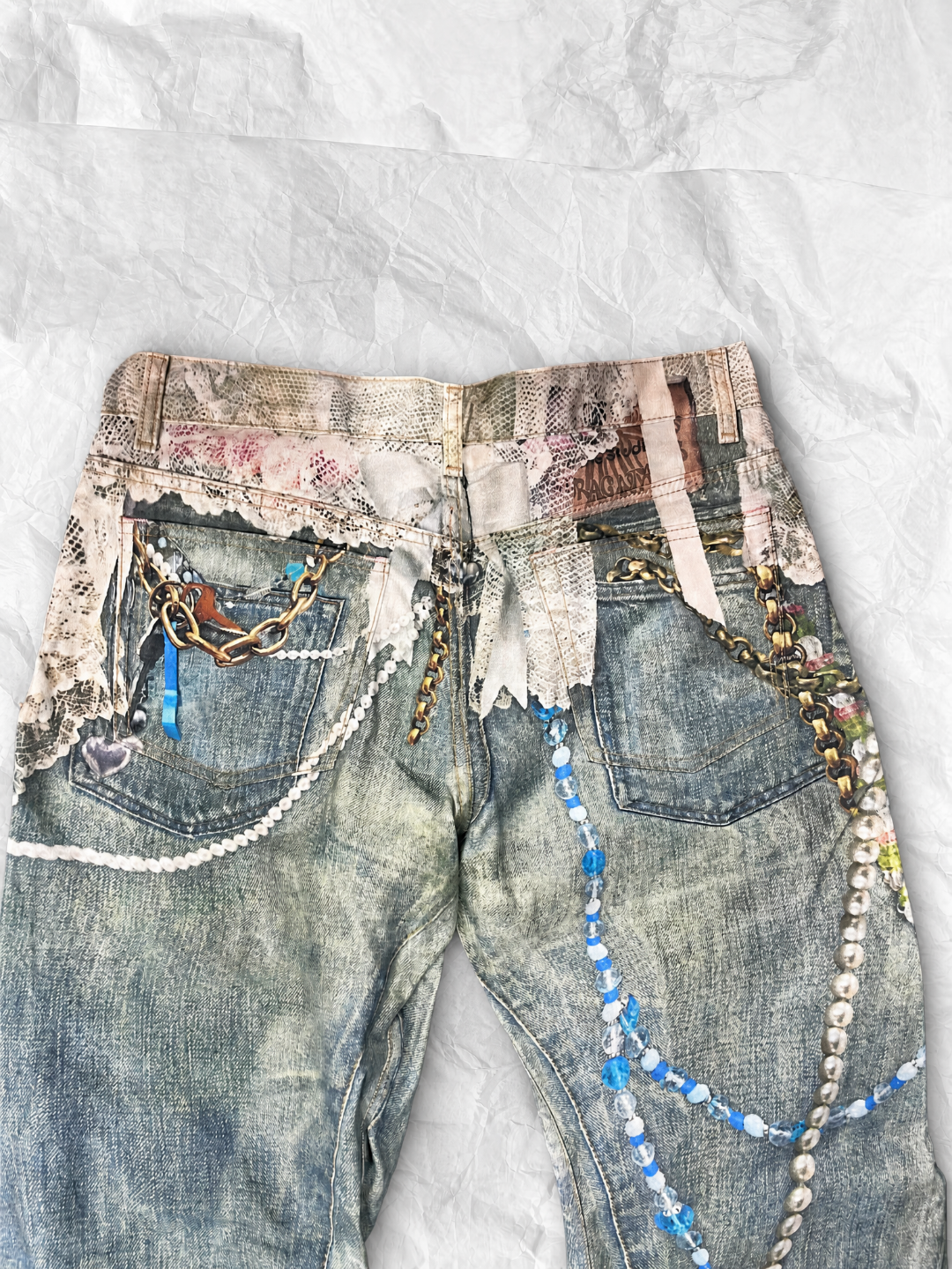 Acne Studios ACNE 蕾丝珍珠3D印花弯刀牛仔裤