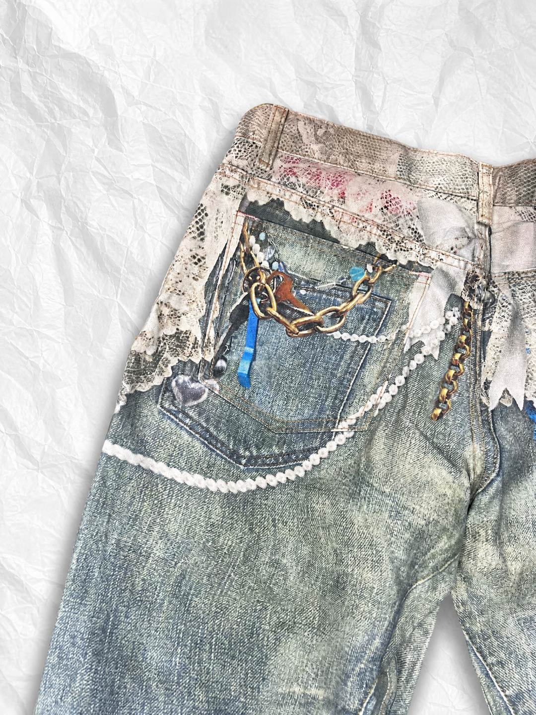 Acne Studios ACNE 蕾丝珍珠3D印花弯刀牛仔裤