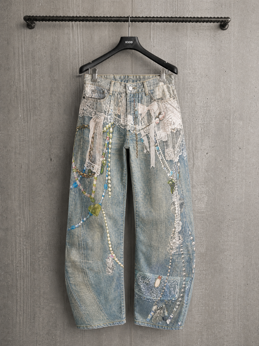 Acne Studios ACNE 蕾丝珍珠3D印花弯刀牛仔裤