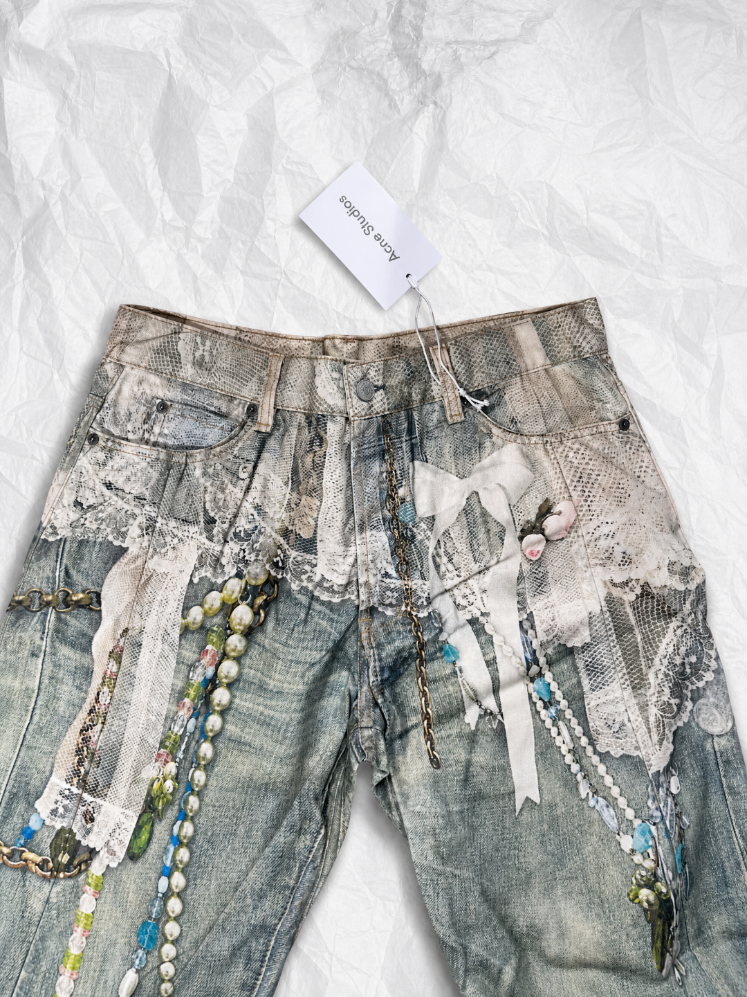 Acne Studios ACNE 蕾丝珍珠3D印花弯刀牛仔裤