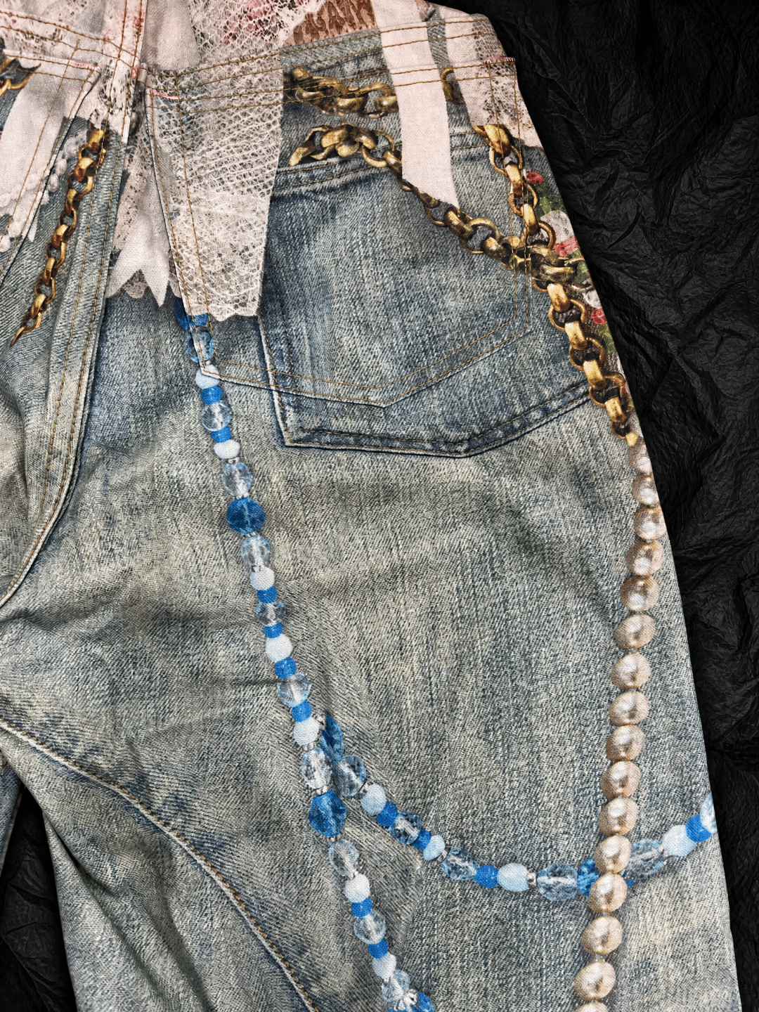 Acne Studios ACNE 珍珠蕾丝3D印花洗水牛仔短裤
