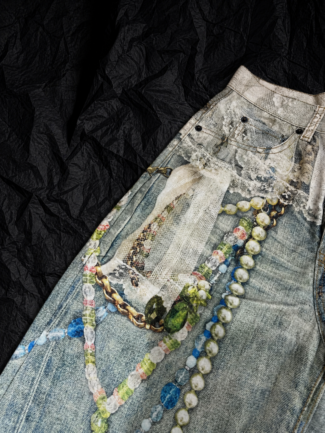 Acne Studios ACNE 珍珠蕾丝3D印花洗水牛仔短裤