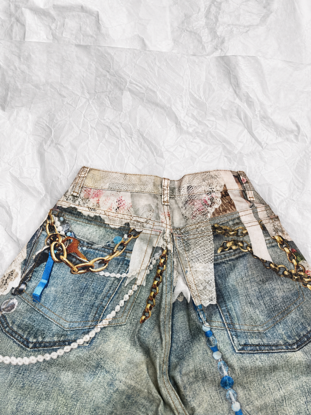 Acne Studios ACNE 珍珠蕾丝3D印花洗水牛仔短裤