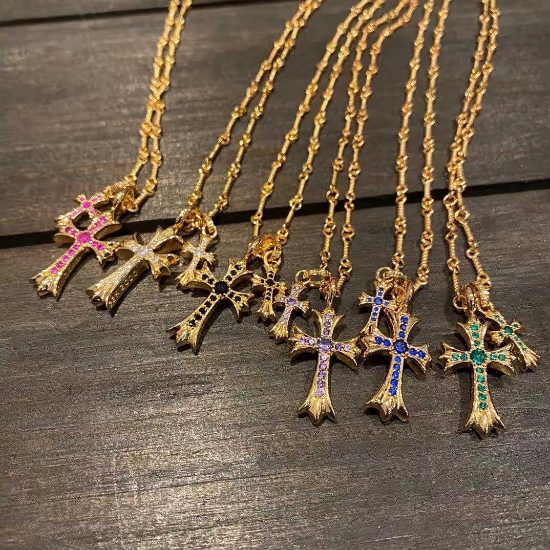 NO:896068,Gold-plated double cross necklace with colored diamond pendant, personalized trendy punk style sweater chain for men and women, jewelry boutique, sweaters, necklace, gold19860909镀黄金色双十字架项链镶彩钻吊坠个性潮流朋克风毛衣链男女款,饰品精品,sweaters,necklace,gold,Jewelry