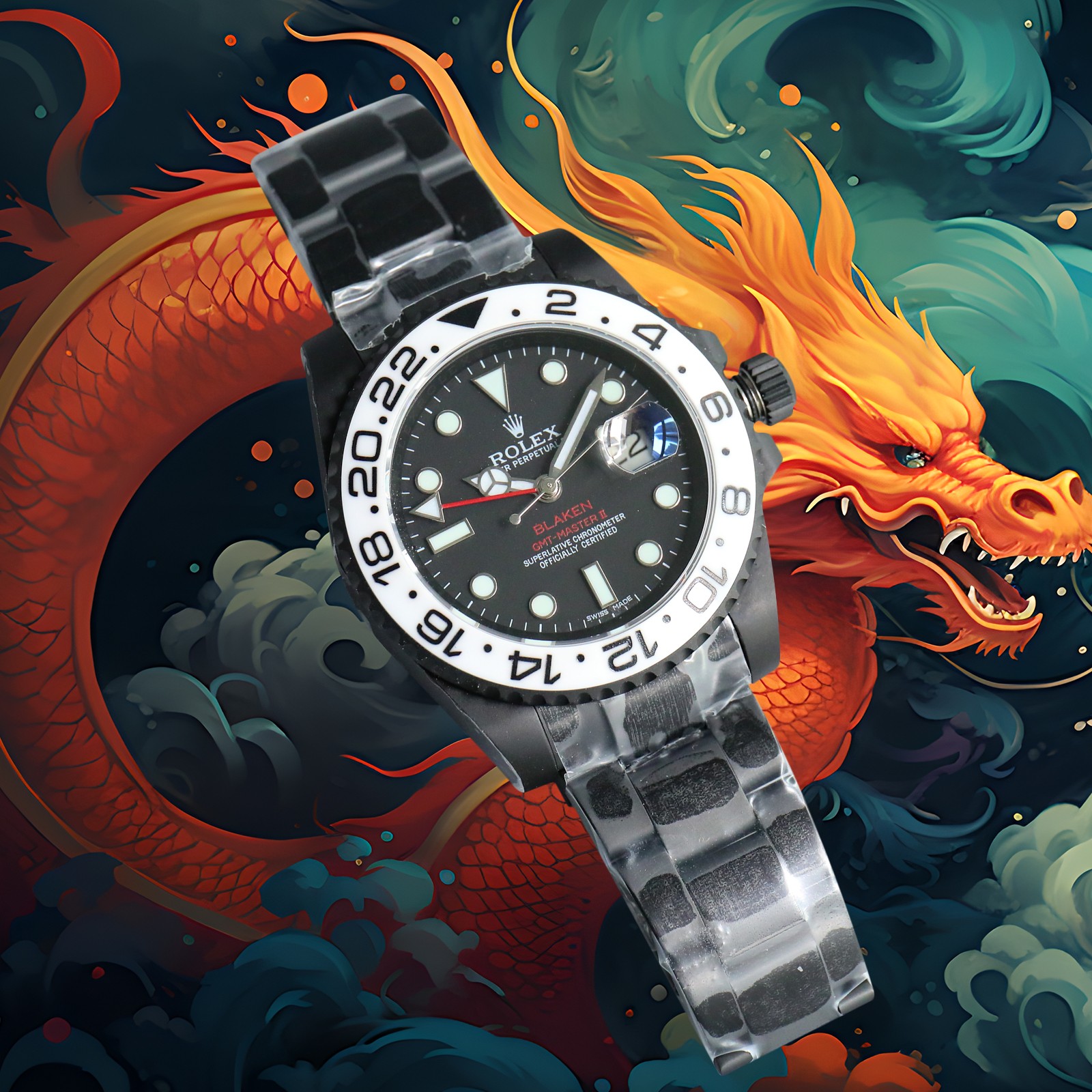 🔥龙年吉祥🔥 BLACK新品上市  劳力士BLACK官方定制版格林尼治型REVENGE（米尔高斯复仇系列）限量款发售  全新DLC镀黑工艺+防指纹涂层  一体双向陶瓷旋转表圈    圈口边界变色过渡清晰  超级904L钢材  搭载最新定制版Cal.一体3186机芯  与原版一致的GMT针独立单调时针调节日历，  时针亦可回调日历  还原正品全部功能  碳黑版米尔高斯复仇的最强副本。
