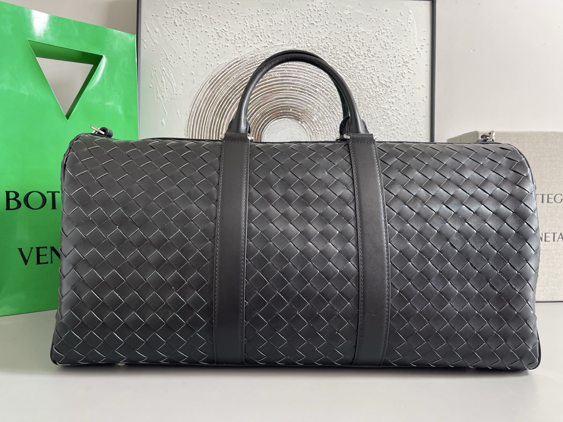 Woven Leather Travel Bag Handbag with Detachable Inner Pouch