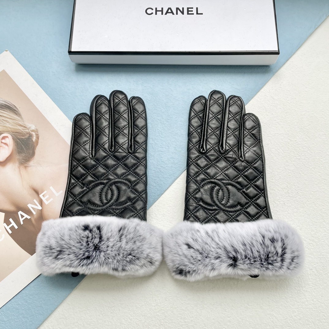 配包装女款Chanel香奈儿2023秋冬双C懒兔毛羊皮手套手机触屏值得对比同款不同品质秒杀市场差产品进口