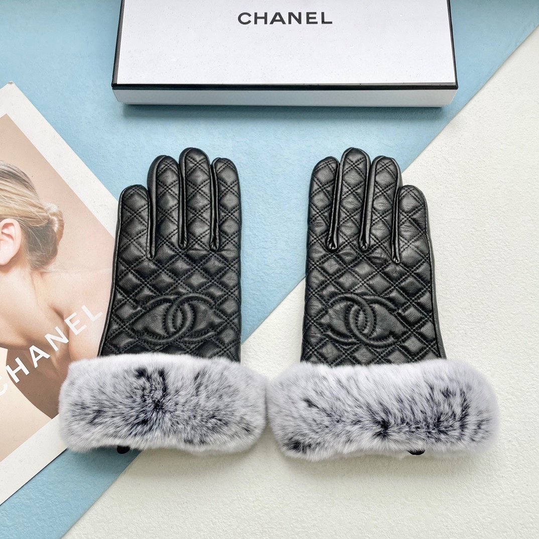 配包装女款Chanel香奈儿2023秋冬双C懒兔毛羊皮手套手机触屏值得对比同款不同品质秒杀市场差产品进口