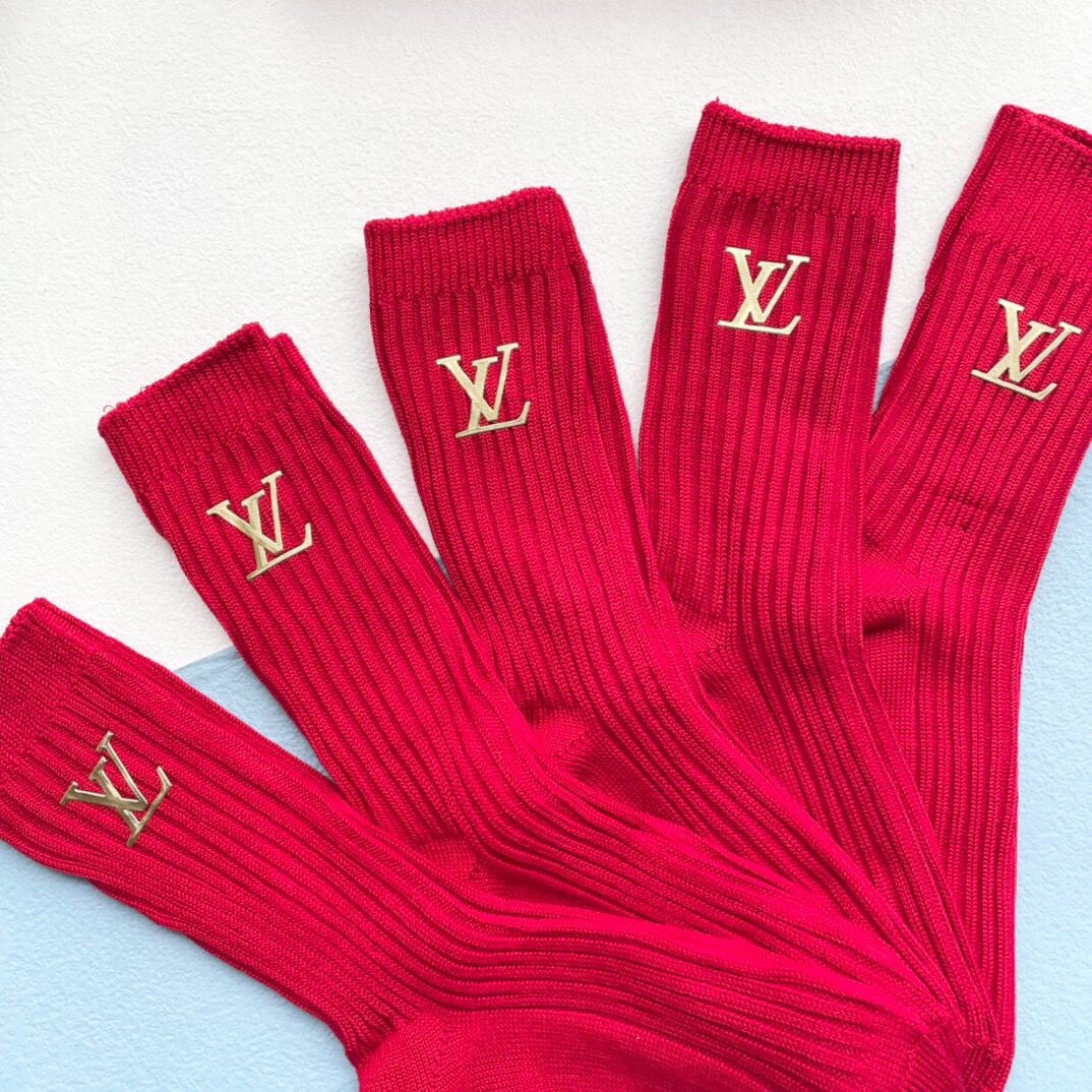配包装一盒五双红红火火过年红袜LV路易威登欧美大牌️高品质超级爆款网红袜子️各大品牌家官网同步重工字母中