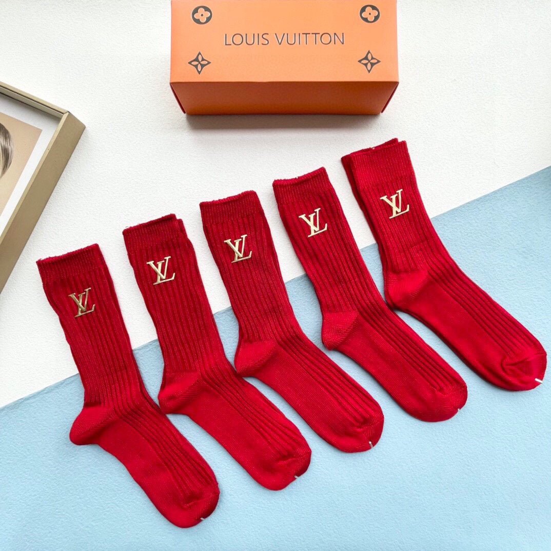 配包装一盒五双红红火火过年红袜LV路易威登欧美大牌️高品质超级爆款网红袜子️各大品牌家官网同步重工字母中