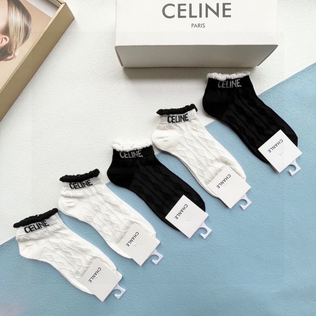 配包装一盒五双Celine赛琳爆款船袜高版本好看到爆炸欧美大牌船袜潮人必不能少的专柜代购品质袜子搭配起来