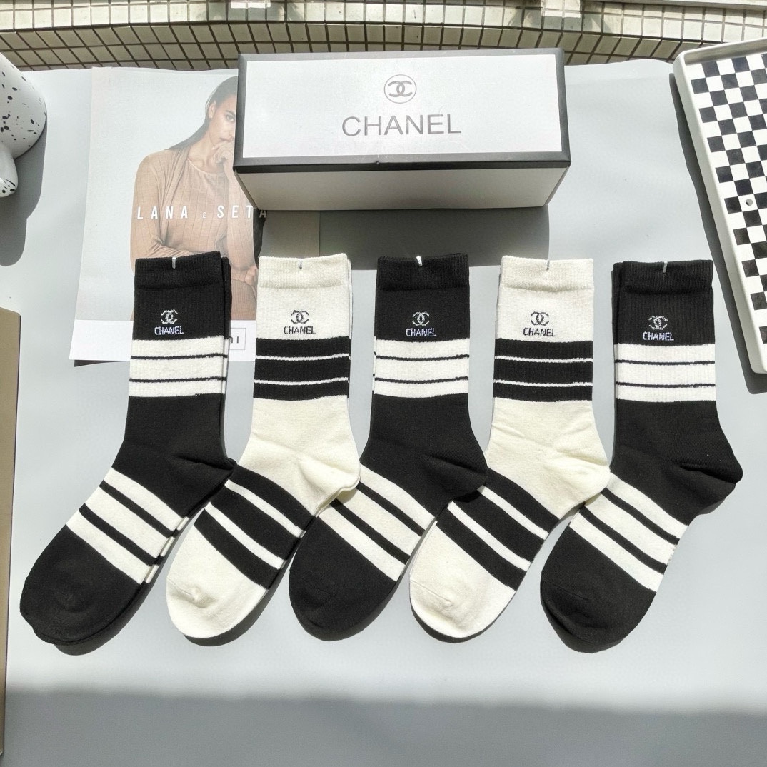 Chanel Women's Cotton Blend Mid-Calf Socks - Striped Design, Pack of 5 Pairs 10 i1733065087 7872 4